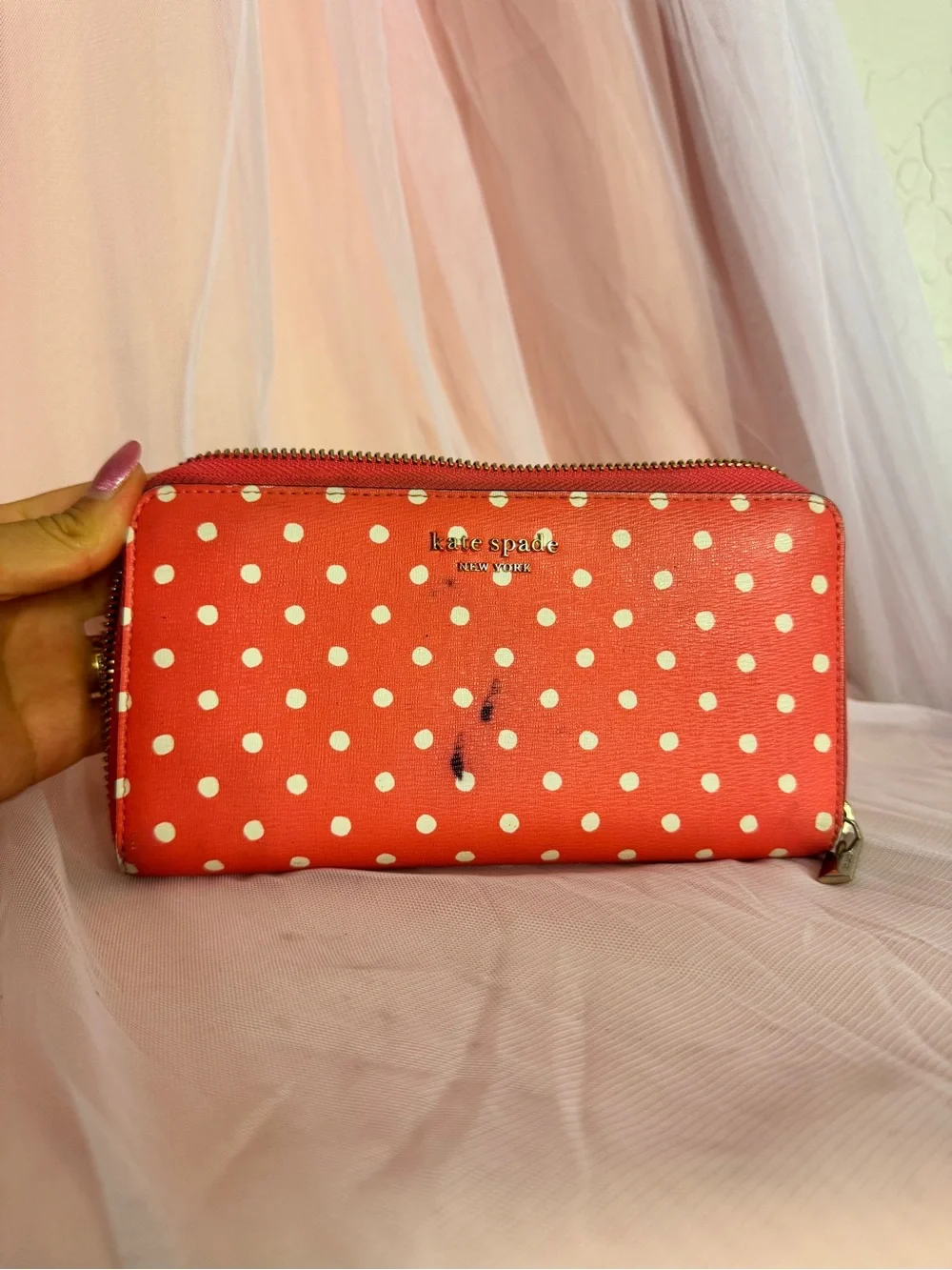 👛Rare Kate Spade New York Coral & White Polka Dot Zip-Around Wallet
